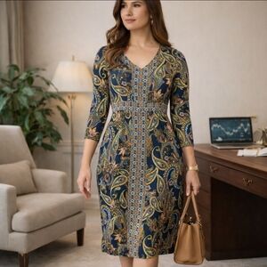 Susan Graver Liquid Knit Navy Paisley Moroccan Print Midi Dress Sz M